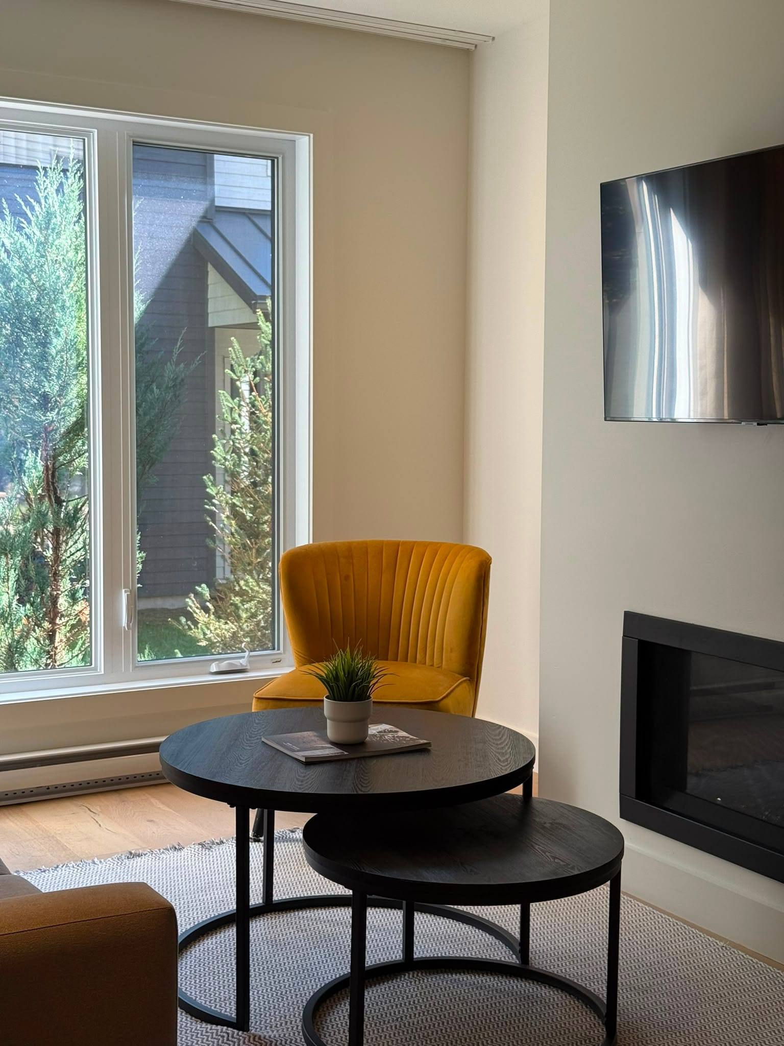 Living room corner with armchair and fireplace after a turnover